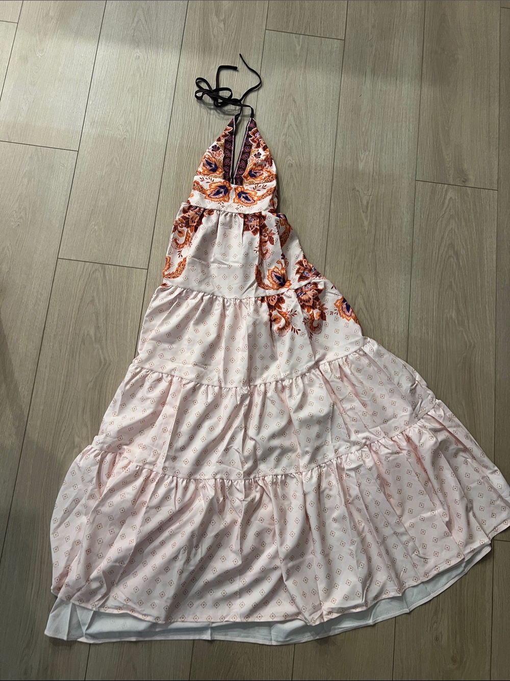 SHEIN Light Pink Floral Halter Maxi Dress with Orange & Purple Accents